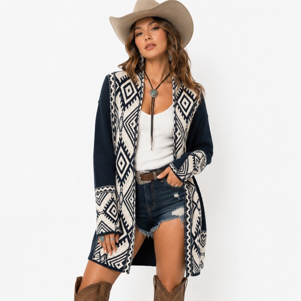 Ralph Lauren Southwestern Cardigan Sweater Knit Open Front Aztec Navajo Navy M